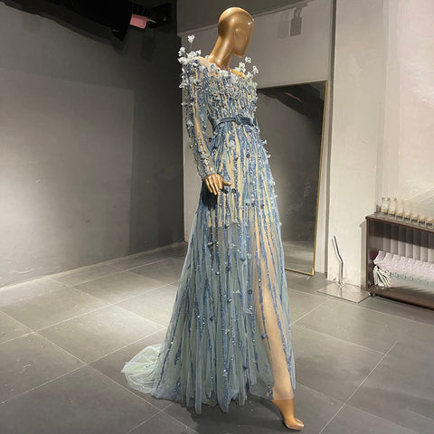 Moslim Blauw Luxe Avond Jurken 2025 Kralen A-Lijn pour femmes fête de mariage LA71549 