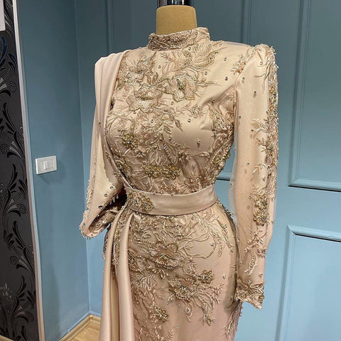 Moslim Grey Mermaid Avond Jurken 2025 Luxe Kralen Elegante Overrok Satijn For Vrouwen Party LA71543 