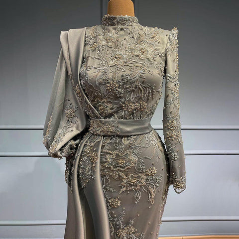 Moslim Grey Mermaid Avond Jurken 2025 Luxe Kralen Elegante Overrok Satijn For Vrouwen Party LA71543 
