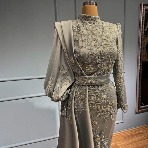 Moslim Grey Mermaid Avond Jurken 2025 Luxe Kralen Elegante Overrok Satijn For Vrouwen Party LA71543 