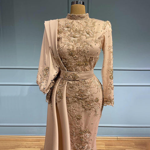 Moslim Grey Mermaid Avond Jurken 2025 Luxe Kralen Elegante Overrok Satijn For Vrouwen Party LA71543 