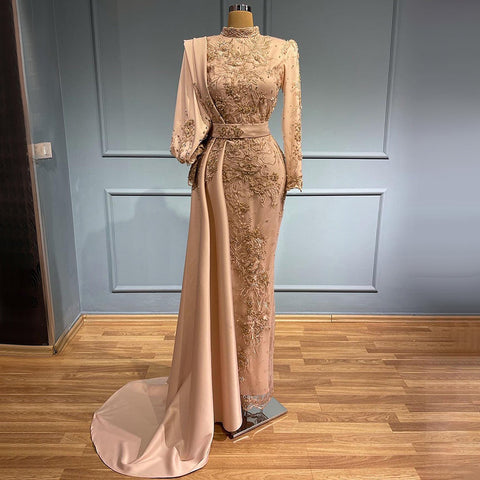 Moslim Grey Mermaid Avond Jurken 2025 Luxe Kralen Elegante Overrok Satijn For Vrouwen Party LA71543 