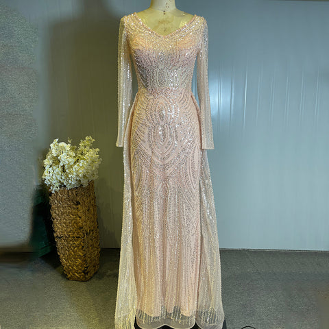 Moslim Perzik Overrok Avond Jurken 2025 Luxe Kralen Élégant Sirène Pour Vrouwen Party LA71494 