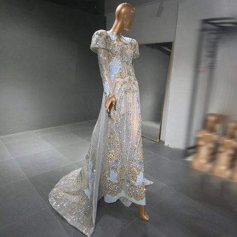 Moslim Zilveren sirène Overrok Avond Jurken 2025 Kralen cristal Luxe élégant pour vos femmes fête LA71573 