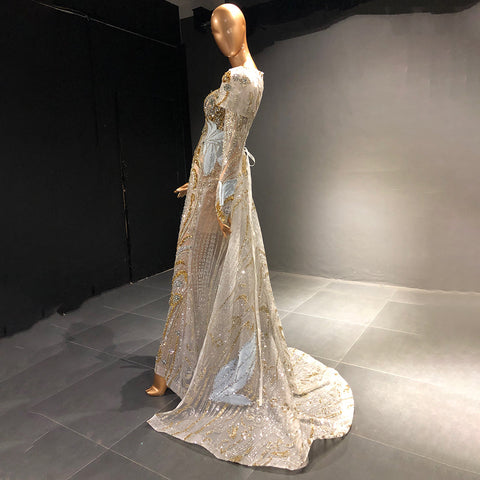 Moslim Zilveren sirène Overrok Avond Jurken 2025 Kralen cristal Luxe élégant pour vos femmes fête LA71573 