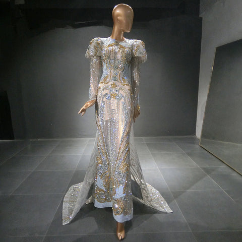 Moslim Zilveren sirène Overrok Avond Jurken 2025 Kralen cristal Luxe élégant pour vos femmes fête LA71573 