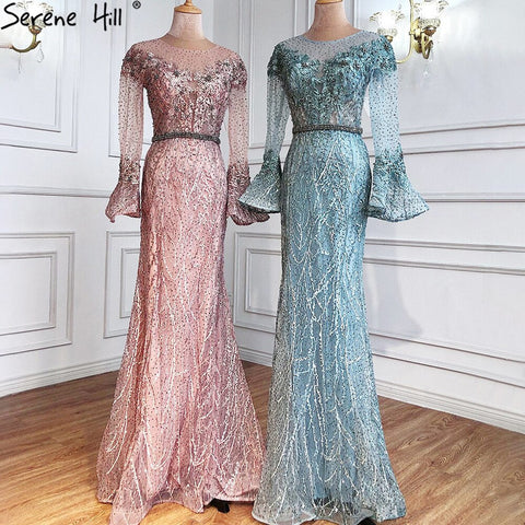 Sale Musliim Blue Mermaid Evening Dresses Gowns 2025 Elegant Beadrd Luxury For Women Party LA71128