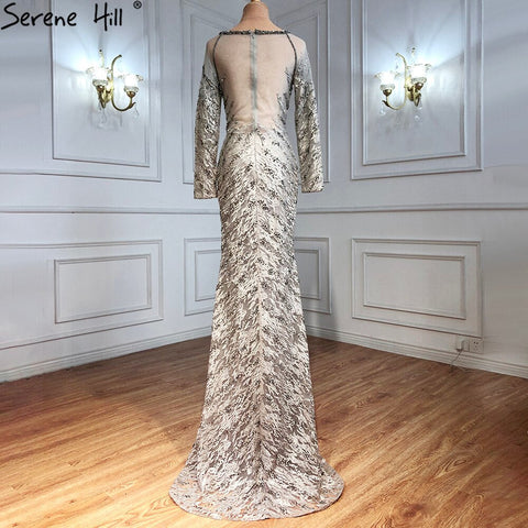 Robe de soirée sirène grise musulmane 2025, dentelle, perles et cristaux, élégante pour femmes, LA71131 