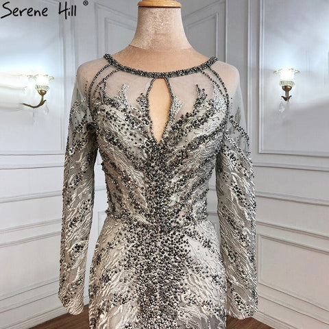 Robe de soirée sirène grise musulmane 2025, dentelle, perles et cristaux, élégante pour femmes, LA71131 
