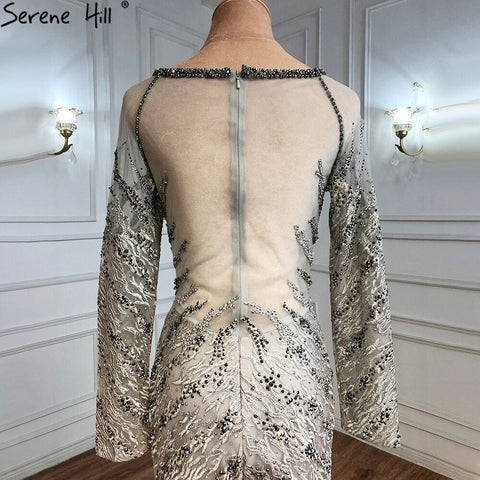Robe de soirée sirène grise musulmane 2025, dentelle, perles et cristaux, élégante pour femmes, LA71131 