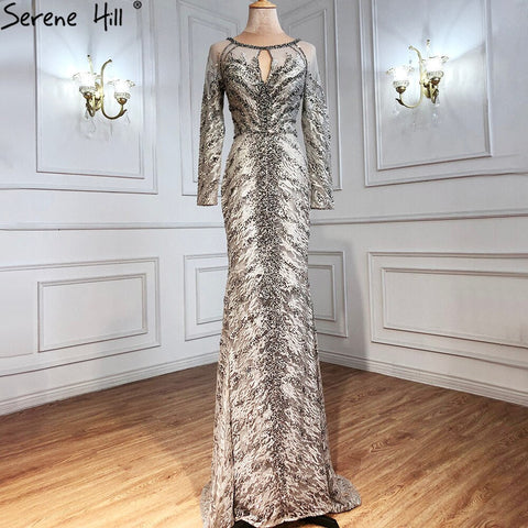 Robe de soirée sirène grise musulmane 2025, dentelle, perles et cristaux, élégante pour femmes, LA71131 