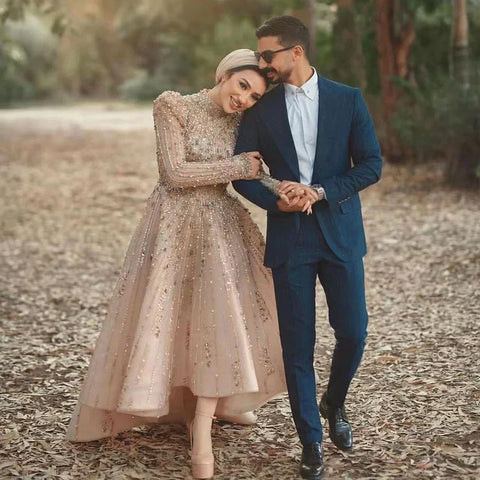 Robe de soirée mi-longue à perles style musulman, coupe trapèze, couleur chair, longueur cheville, pour femme, tenue de soirée formelle, LA72176 