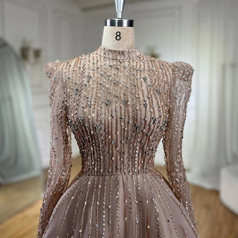 Robe de soirée mi-longue à perles style musulman, coupe trapèze, couleur chair, longueur cheville, pour femme, tenue de soirée formelle, LA72176 