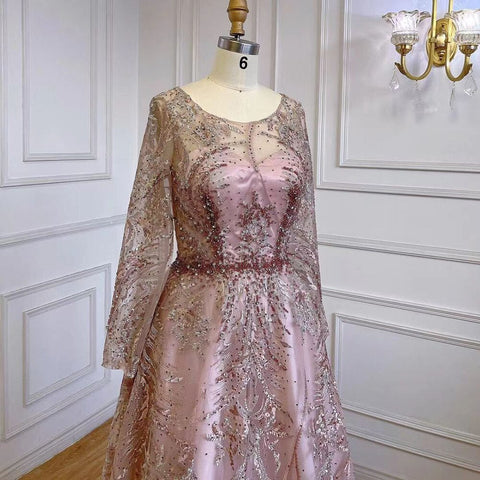 Robe de soirée de luxe rose style musulman, coupe trapèze, en dentelle et perles, pour femmes, modèle LA71794, 2025 