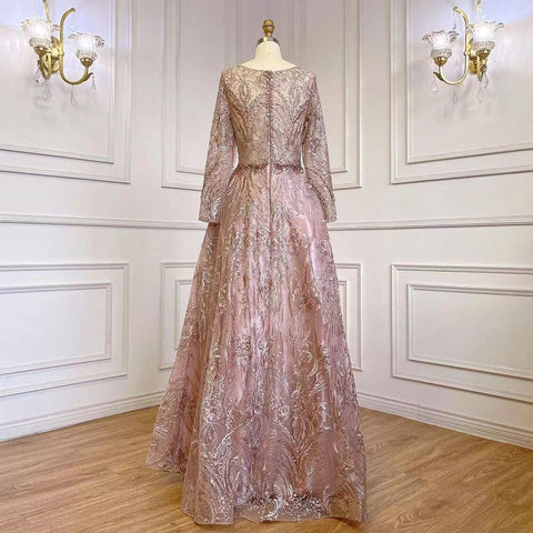 Robe de soirée de luxe rose style musulman, coupe trapèze, en dentelle et perles, pour femmes, modèle LA71794, 2025 