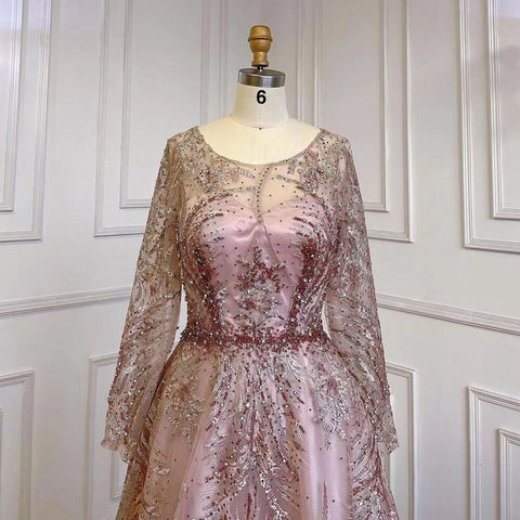 Robe de soirée de luxe rose style musulman, coupe trapèze, en dentelle et perles, pour femmes, modèle LA71794, 2025 