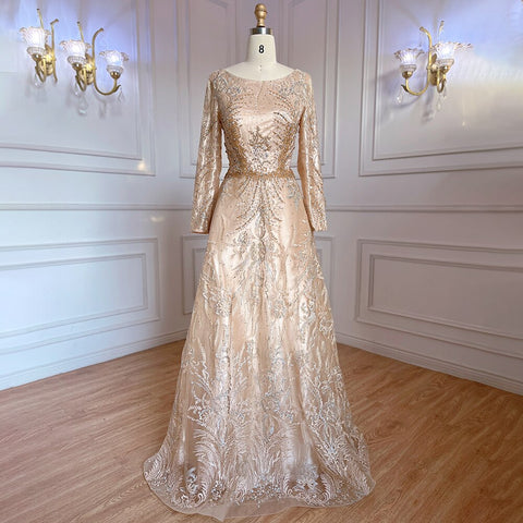 Robe de soirée de luxe rose style musulman, coupe trapèze, en dentelle et perles, pour femmes, modèle LA71794, 2025 