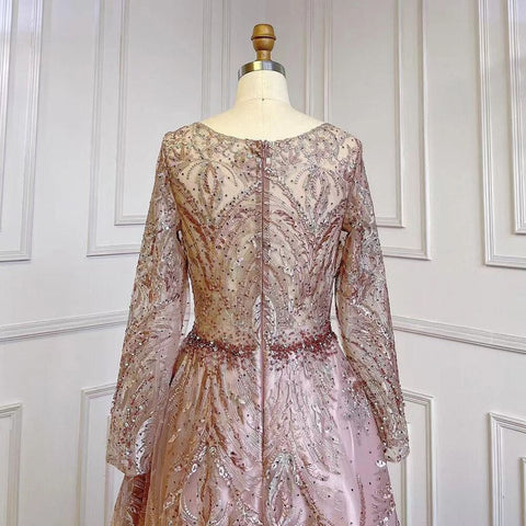 Robe de soirée de luxe rose style musulman, coupe trapèze, en dentelle et perles, pour femmes, modèle LA71794, 2025 