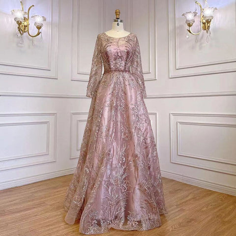 Robe de soirée de luxe rose style musulman, coupe trapèze, en dentelle et perles, pour femmes, modèle LA71794, 2025 