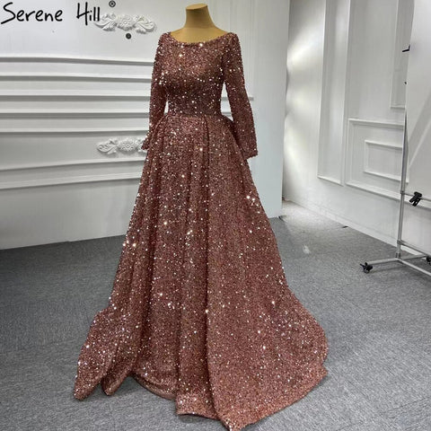 Robe de soirée musulmane rose et or, coupe trapèze, luxueuse et scintillante, pour femme, HM67124A, 2025 