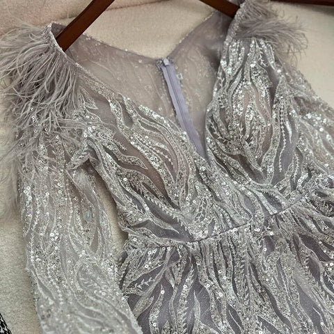 Robe de soirée longue de luxe style musulman, beige, ligne A, perles et plumes, style Dubaï, pour femmes, mariage, LA72172, 2025 