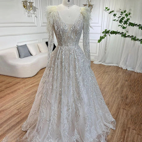 Robe de soirée longue de luxe style musulman, beige, ligne A, perles et plumes, style Dubaï, pour femmes, mariage, LA72172, 2025 