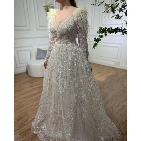 Robe de soirée longue de luxe style musulman, beige, ligne A, perles et plumes, style Dubaï, pour femmes, mariage, LA72172, 2025 
