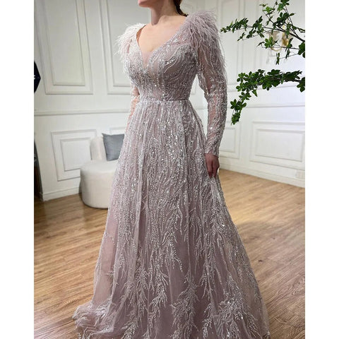 Robe de soirée longue de luxe style musulman, beige, ligne A, perles et plumes, style Dubaï, pour femmes, mariage, LA72172, 2025 
