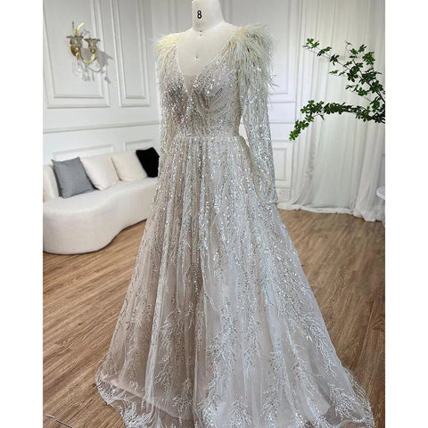 Robe de soirée longue de luxe style musulman, beige, ligne A, perles et plumes, style Dubaï, pour femmes, mariage, LA72172, 2025 