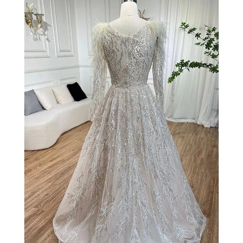 Robe de soirée longue de luxe style musulman, beige, ligne A, perles et plumes, style Dubaï, pour femmes, mariage, LA72172, 2025 