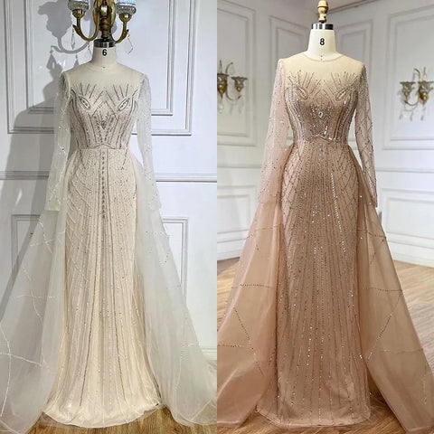 Robe de soirée sirène élégante et luxueuse, style musulman, beige, avec jupe perlée, pour femme, modèle LA72528, 2025 