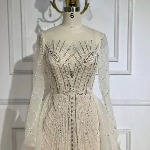 Robe de soirée sirène élégante et luxueuse, style musulman, beige, avec jupe perlée, pour femme, modèle LA72528, 2025 