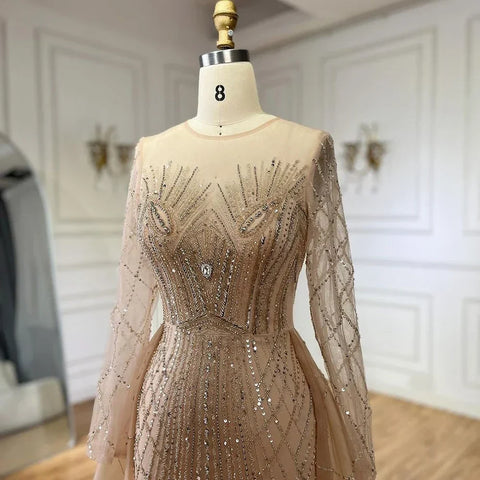 Robe de soirée sirène élégante et luxueuse, style musulman, beige, avec des perles dorées, pour femme, modèle LA72528, 2025 