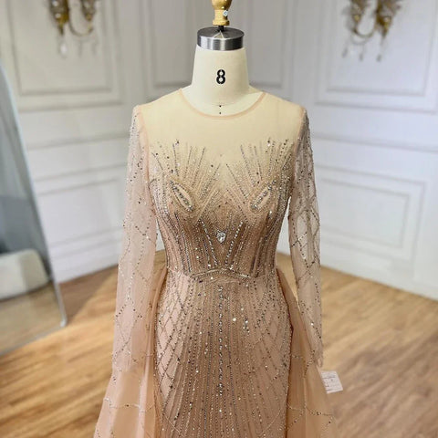 Robe de soirée sirène élégante et luxueuse, style musulman, beige, avec des perles dorées, pour femme, modèle LA72528, 2025 