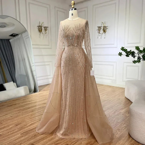 Robe de soirée sirène élégante et luxueuse, style musulman, beige, avec des perles dorées, pour femme, modèle LA72528, 2025 