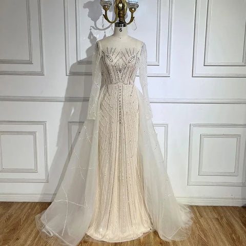 Robe de soirée sirène élégante et luxueuse, style musulman, beige, avec des perles dorées, pour femme, modèle LA72528, 2025 