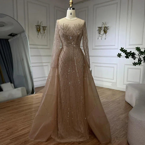 Robe de soirée sirène élégante et luxueuse, style musulman, beige, avec des perles dorées, pour femme, modèle LA72528, 2025 