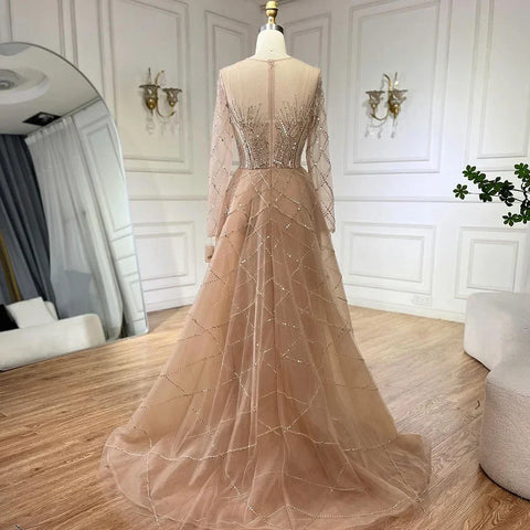 Robe de soirée sirène élégante et luxueuse, style musulman, beige, avec des perles dorées, pour femme, modèle LA72528, 2025 