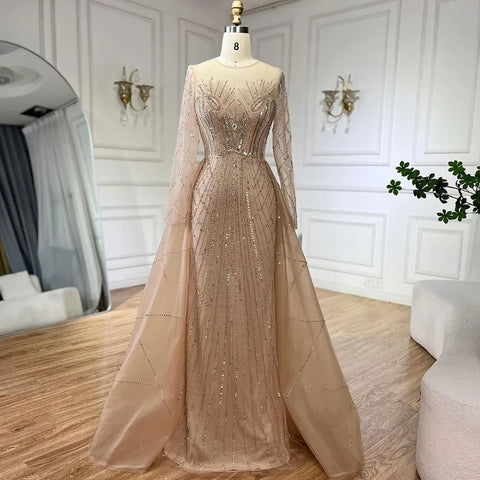 Robe de soirée sirène élégante et luxueuse, style musulman, beige, avec des perles dorées, pour femme, modèle LA72528, 2025 