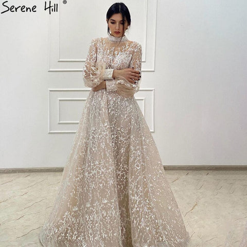 Robe de soirée de luxe musulmane beige, robe trapèze en dentelle et perles, pour femme, LA71196, 2025 