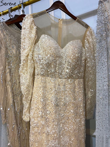 Robe de soirée sirène beige musulmane, luxueuse et élégante, à manches bouffantes, scintillante, LA71040 