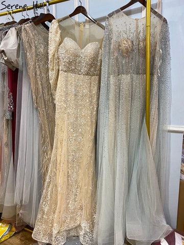 Robe de soirée sirène beige musulmane, luxueuse et élégante, à manches bouffantes, scintillante, LA71040 