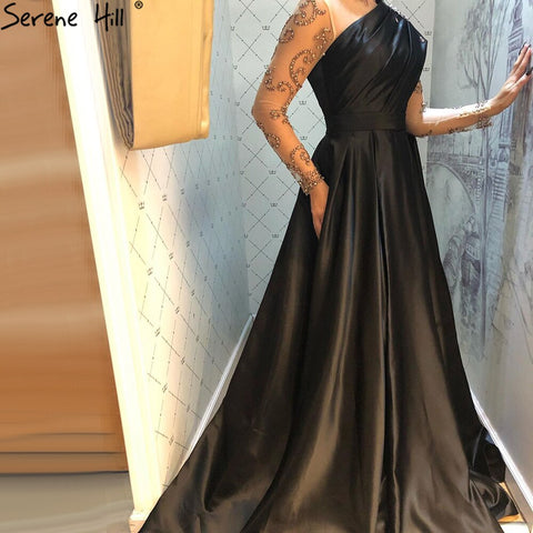 Robe de soirée noire style musulman, coupe trapèze, en satin et perles, luxueuse, pour femme, modèle LA71074, 2025 