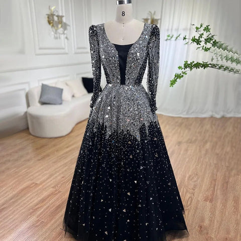 Robe de soirée noire style musulman, coupe trapèze, paillettes et perles, luxueuse, pour femme, tenue de mariage, modèle 2025, LA71214 