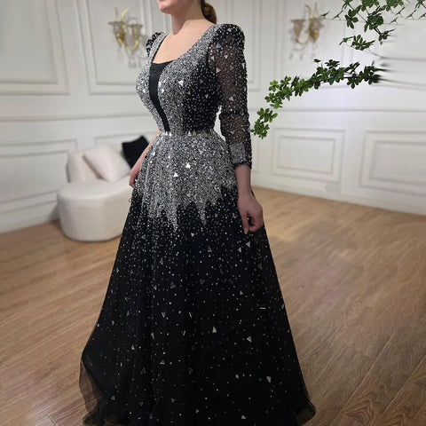 Robe de soirée noire style musulman, coupe trapèze, paillettes et perles, luxueuse, pour femme, tenue de mariage, modèle 2025, LA71214 