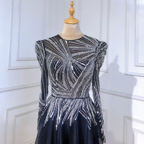 Robe de soirée noire style musulman, coupe trapèze, luxueuse, perlée, longueur cheville, pour femmes, modèle LA71290, 2025 