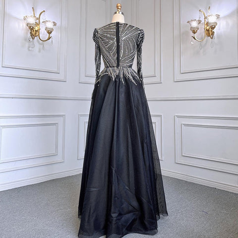 Robe de soirée noire style musulman, coupe trapèze, luxueuse, perlée, longueur cheville, pour femmes, modèle LA71290, 2025 