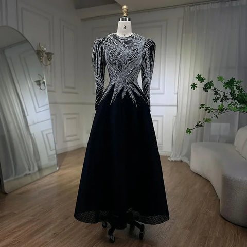 Robe de soirée mi-longue noire style musulman, luxueuse, perlée, longueur cheville, pour femmes, modèle LA71290, 2025 