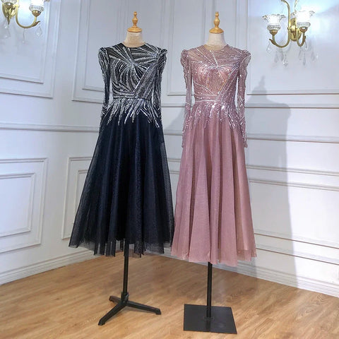 Robe de soirée mi-longue noire style musulman, luxueuse, perlée, longueur cheville, pour femmes, modèle LA71290, 2025 