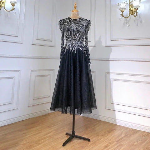 Robe de soirée mi-longue noire style musulman, luxueuse, perlée, longueur cheville, pour femmes, modèle LA71290, 2025 